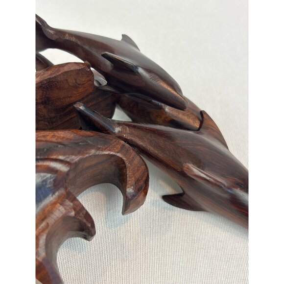 Hand Carved Wooden Dolphin Sculpture Three Dolphins On Wave Family - Picture 7 of 12